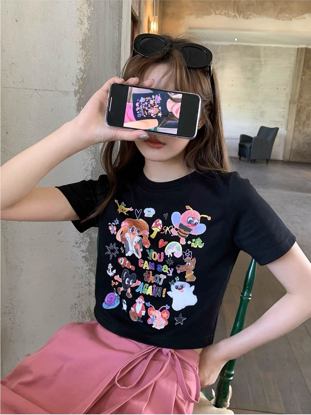 Women’s Colorful Graphic Fitted Crop T-Shirt – Asian Size M / Fits US S